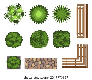 Top view plant landscape garden furniture element isolated set. Vector flat graphic design illustration