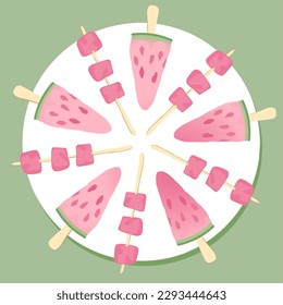 Top view of plate with dessert of slices of fresh ripe watermelon.
