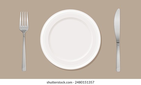 Top view of a plate, fork and knife