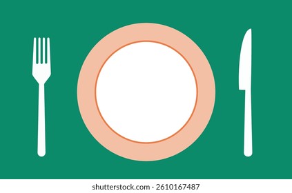 Top view of a plate, fork and knife. Platter food outline vector illustration icon. Orange and white dinner plate with fork and knife next to it isolated on green background. Bar, cafe, hotel concept.