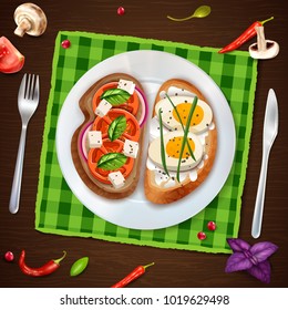 Top view of plate with two sandwiches on checkered fabric napkin at wooden background in rustic style vector illustration vector illustration