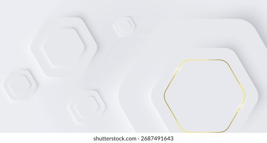 Podio de vista superior, diseño neumático brillante. Formas hexagonales brillantes con oro. Ilustración vectorial ligera, suave, clara y simple. Elegante fondo abstracto con espacio de copia.