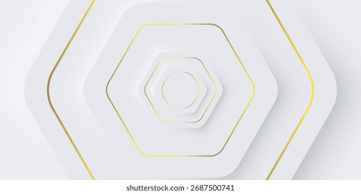 Podio de vista superior, diseño neumático brillante. Formas hexagonales brillantes con oro. Ilustración vectorial ligera, suave, clara y simple. Elegante fondo abstracto con espacio de copia.