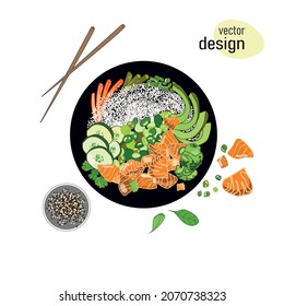 Top view of poke bowl with salmon and avocado, rice, green beans, and other vegetables, drawn in doodle style and isolated on white background.Vector illustration of healthy food