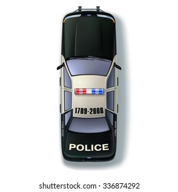 Top view of a police car with the traditional identification marks and scintillating lights