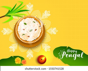 Top view of pongali rice in mud pot with illuminated oil lamp (Diya), sugarcane and banana leaves on yellow background for Happy Pongal celebration greeting card design.