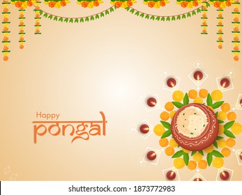 Top View Of Pongali Rice Mud Pot With Lit Oil Lamps (Diya) And Flower Garland (Toran) Decorated Glossy Background For Happy Pongal.