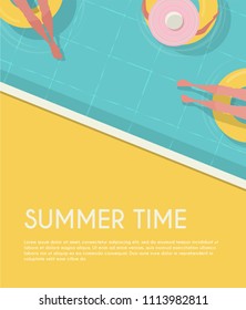 Top view Pool background. people relaxing in the pool. Summer water activities. Vector banner, poster illustration design