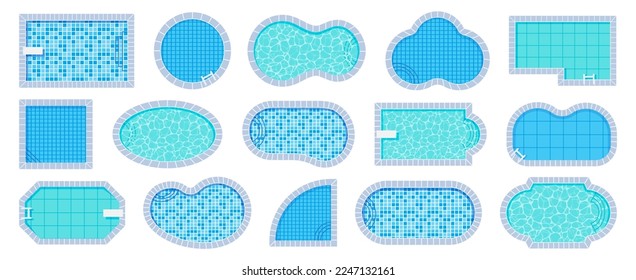 Top view pool. Swimming pools of different shapes with tile and water caustics texture vector illustration set. Outdoor resort swim area, vacation exterior poolside, summer clear aqua