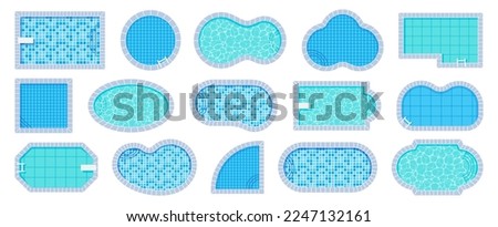 Top view pool. Swimming pools of different shapes with tile and water caustics texture vector illustration set. Outdoor resort swim area, vacation exterior poolside, summer clear aqua