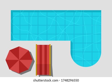 Top view pool swimming umbrellas , vector concept happy holiday , summer bed red color background clean