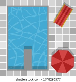 Top view pool swimming umbrellas , vector concept happy holiday , summer bed red color background clean
