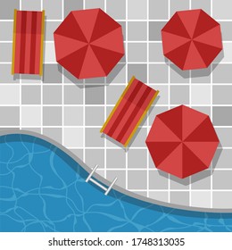 Top view pool swimming umbrellas , vector concept happy holiday , summer bed red color background clean
