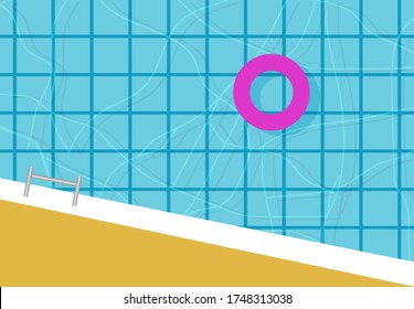 Top view pool swimming umbrellas , vector concept happy holiday , summer bed red color background clean