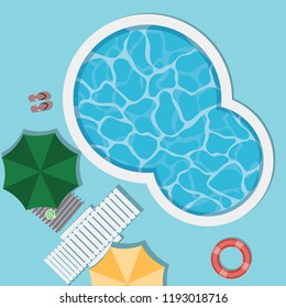 Top view of pool with transparent bluish water sunshade and lifebuoy