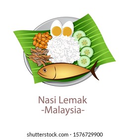 top view of popular food of ASEAN national,Nasi Lemak,in cartoon vector design