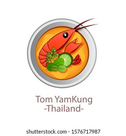 top view of popular food of Thailand,Tom Yum Kung,in cartoon vector design
