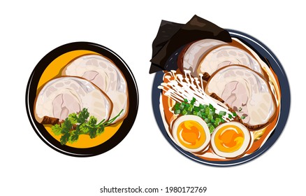 Top view pork ramen noodles with boiled egg and seaweed. Isolated bowl of pork ramen with soup and a plate of additional pork on white background. Close up drawing vector illustration. Anime Japanese 