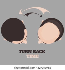 Top view portrait of a man before and after hair treatment and transplantation. Male baldness pattern cycle. Turn back time concept. Isolated vector illustration.