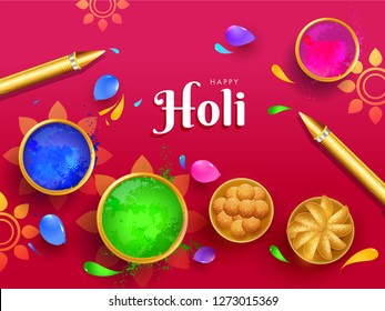 Top view of poster or banner design with illustration of indian sweets and color guns on pink background for Holi festival celebration.