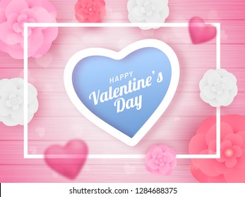 Top view of poster or banner design decorated with paper cut flowers for Valentine's Day celebration.