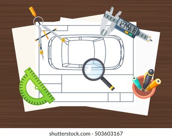 Top view poster of car production line element with drawing scheme special tools and stationery flat vector illustration 