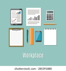 Top view poster concept with icons set of office objects. Flat design vector illustration