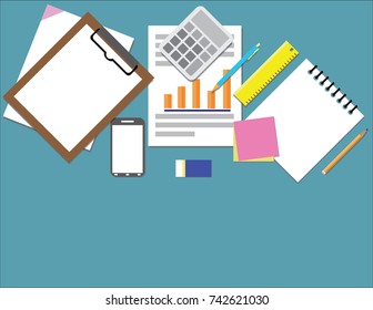 Top view poster concept with icons set of office objects on  desk. Flat design vector illustration