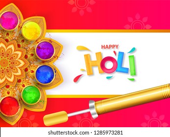 Top view of poster or greeting card design with color bowls and water gun on mandala decorated background for Holi festival celebration.
