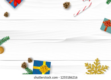 top view of present gift box with gold ribbon bow with pinenut and snowflake. concept design for greeting card, banner or sales promotion on christmas and new year seasonal in vector