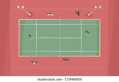 Top view public tennis court with two players. Illustration of a tennis court in a park.