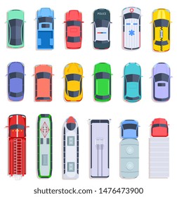 Top view public transport. Taxi and police car, city bus and ambulance vehicle. Delivery truck, train and fire engine flat vector set. Fire autotruck, train vehicle, automobile top view illustration