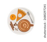 Top View of Pumpkin Pie and Pumpkin Spice Latte on Plate with Autumn Spices