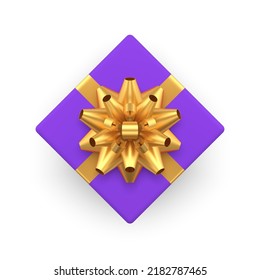 Top view morado envuelto caja de regalo festividad realista empatada por lujosa cinta dorada de gran arco de vacaciones sorpresa 3d plantilla ilustración vectorial. Contenedor de la caja de cartón rhombus clásico isométrico lindo