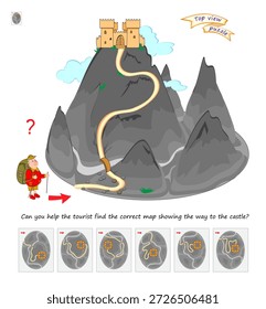 Puzzle de vista superior. Juego de lógica para niños. ¿Puedes ayudar al turista a encontrar el mapa correcto que muestra el camino al castillo? Laberinto 3D. Libro de revelación del cerebro. Desarrollar el pensamiento espacial. Prueba de coeficiente intelectual. Vector dibujado a mano