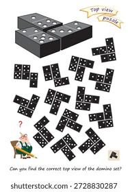 Top view puzzle for smartest. Can you find the correct top view of the domino set? Logic game for children and adults. 3D maze. Brain teaser book. Develop spatial thinking. IQ test. Hand drawn vector