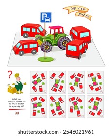 Top view puzzle. What plan should a worker use to find a tractor in a parking lot? Logic game for children and adults. 3D maze. Page for brain teaser book. Developing spatial thinking. Vector image.