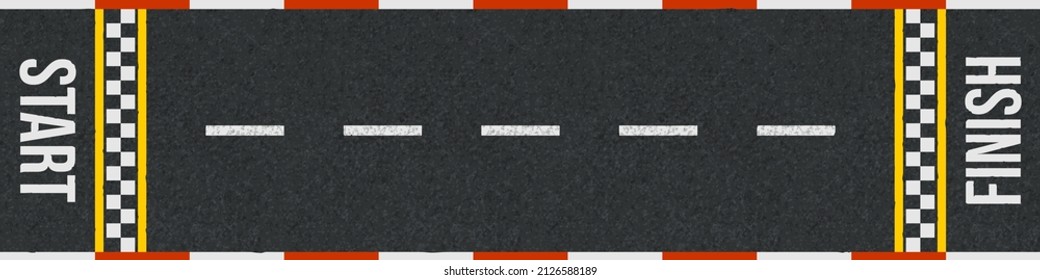 Top view of race car track with start and finish line. Vector cartoon illustration of straight road for auto rally competition with white grid pattern marking on asphalt