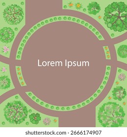 Vista superior do parque em forma de anel radial. Jardim manicurado. Jardins do palácio. Caminhos, árvores, arbustos, flores, canteiros. Vista de cima. Aéreo. Cor. Vetor. Projeto de paisagem.
