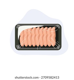 Vista superior del filete de pollo crudo envasado en bandeja de plástico con envoltura de aves de corral frescas