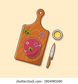 Top view of raw meat on chopping board isolated flat style cartoon illustration.