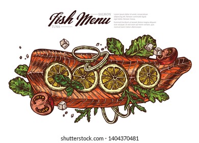 Top view raw salmon fillet or steak. Fish meat for grill and barbecue with greenery and lemon. Restaurant seafood dish. Vector drawing engraved sketch. Food illustration