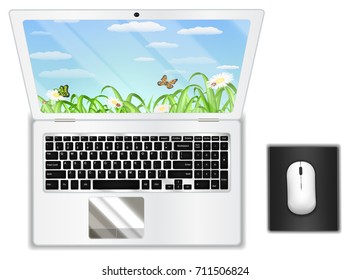 top view real white laptop computer with mouse