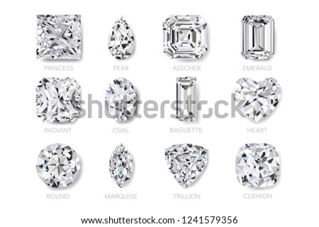 Top view of realist vector illustration of twelve best clarity diamonds of most popular cut shape and design with their names, isolated on white background.
