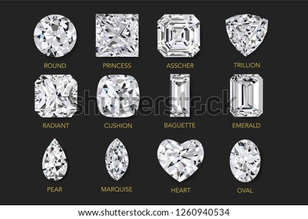 Top view of realist vector illustration of twelve best clarity diamonds of most popular cut shape and design with their names, isolated on Black background.