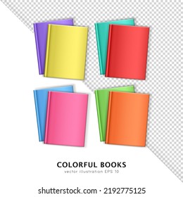 Top view of realistic 3d colorful hardcover books isolated on white and transparent background. 3D mock up, template of blank textbooks, diaries, brochures, magazines. Layout design for branding 