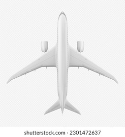 Vista superior del plano realista 3D aislado en un fondo transparente. Ilustración vectorial de aviones blancos para pasajeros, transporte de carga, entrega de correo internacional. Transporte para viajes