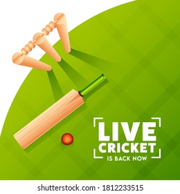 Top View of Realistic Bat with Red Ball and Wicket Stumps on Green Checkered Pattern Background for Live Cricket Is Back Now.