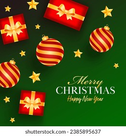Top View of Realistic Baubles with Gift Boxes and Golden Stars Decorated on Green Background for Merry Christmas  Happy New Year Celebration.