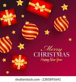 Top View of Realistic Baubles with Gift Boxes and Golden Stars Decorated on Red Background for Merry Christmas  Happy New Year Celebration.